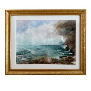 Artist Signed Karen Keough Seascape Original Watercolor with Gold Wood Frame